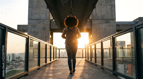 A professional walking across an elevated walkway towards a building at sunset