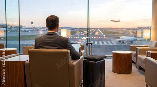 A businessman sitting by a window in an airport lounge overlooking airplanes