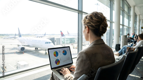 A business professional working on a laptop near a large window with an airport view