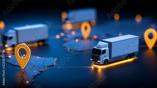 Delivery trucks linked by location pins across a digital route map illustrate shipment tracking and coordinated supply chain logistics.