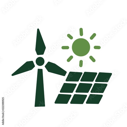 Renewable Resources Icon with Solar Panels and Wind Turbine
