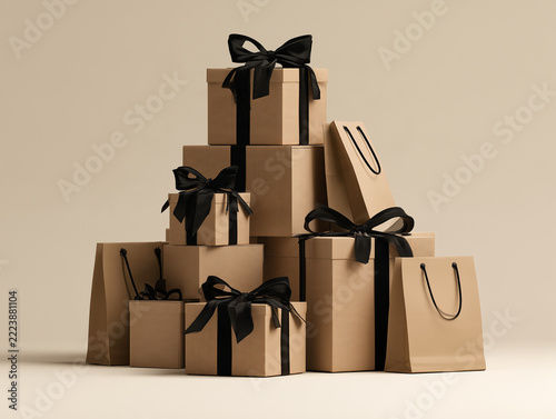 Realistic commercial photo of stacked cardboard shipping boxes with black ribbons and shopping bags, ecommerce holiday shopping concept, clean neutral background
