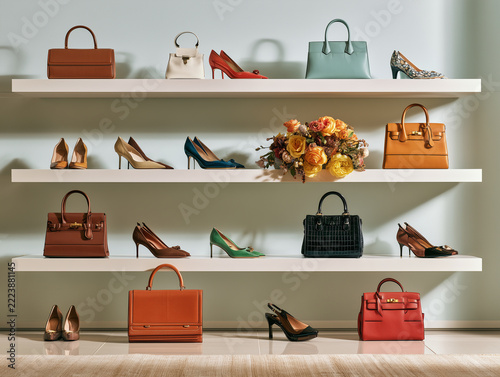 Realistic commercial photo of unbranded shoes, handbags and accessories displayed on modern shelves, seasonal retail shopping concept, sophisticated commercial photography