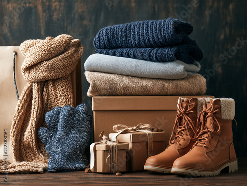 Realistic commercial photo of winter clothing, scarf, gloves and boots arranged with shopping bags and gift boxes, seasonal Black Friday shopping concept