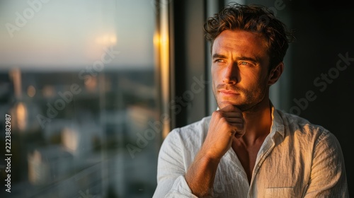 Thoughtful Caucasian man looking out window during sunset golden hour in modern apartment
