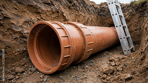 Detailed close up of large orange pvc sewer pipe installed in deep dirt trench at construction site with metal ladder, underground drainage pipeline infrastructure system
