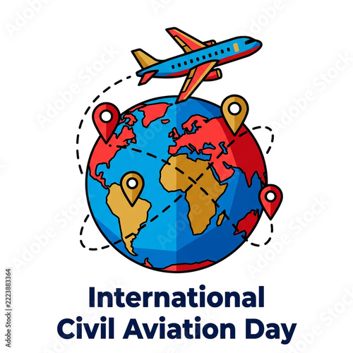 International Civil Aviation Day Airplane Flying Around a Globe with Location Pin Markers