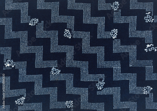Chinese Blue Indigo Print Fabric with Dark Indigo Chevron Zigzag Wave Geometric Pattern for Traditional Chinese Textile and Fabric Design