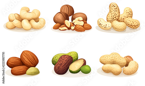 Premium mixed nuts isolated on white background, healthy snack assortment with almonds, cashews, walnuts.