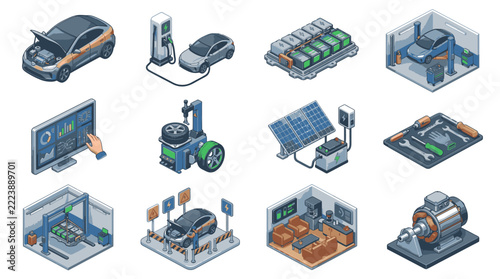 Electric Vehicle Technology and Maintenance Infographic Icons Set