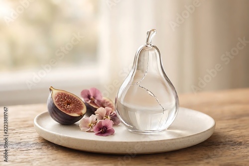 Transparent Cracked Glass Vessel With Fig Fruit and Delicate Flowers