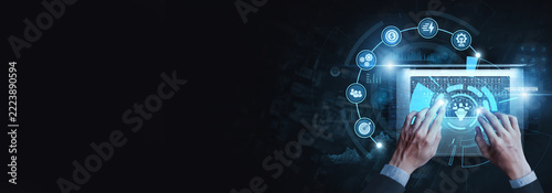 Lead Generation Specialist using laptop to analyze Lead Generation data on digital interface, customer acquisition, sales prospects, marketing strategy, conversion tracking, business growth.