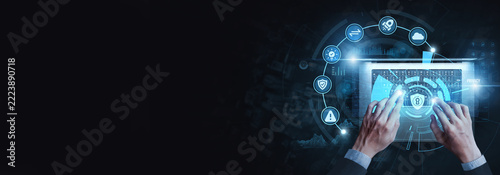 Privacy Specialist using laptop to analyze privacy data on digital interface, data protection, online security, personal information, confidentiality, cybersecurity.