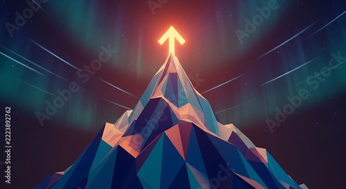 Polygonal mountain peak with a glowing arrow symbol pointing upward