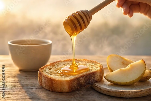 Honey Being Drizzled onto Artisan Bread with Fresh Pears