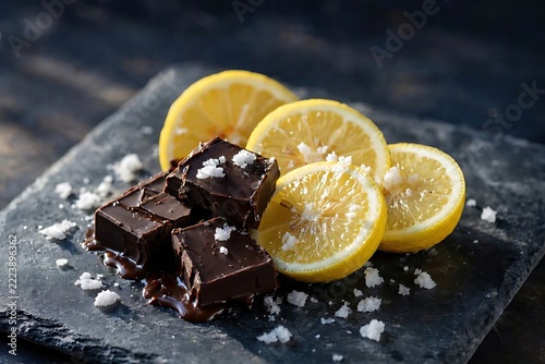 Gourmet dark chocolate squares topped with sea salt and fresh lemon slices on a dark slate board