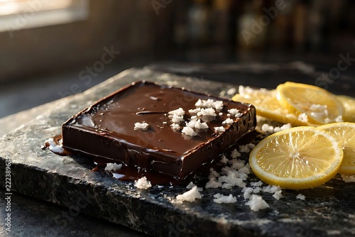 Glossy dark chocolate block with melting chocolate, sea salt flakes, and lemon slices on stone