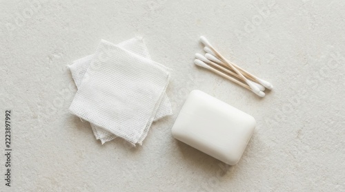 Medical and hygiene essentials with soap gauze and cotton swabs