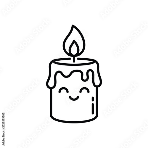 Cute kawaii candle with happy face, vector illustration for coloring page