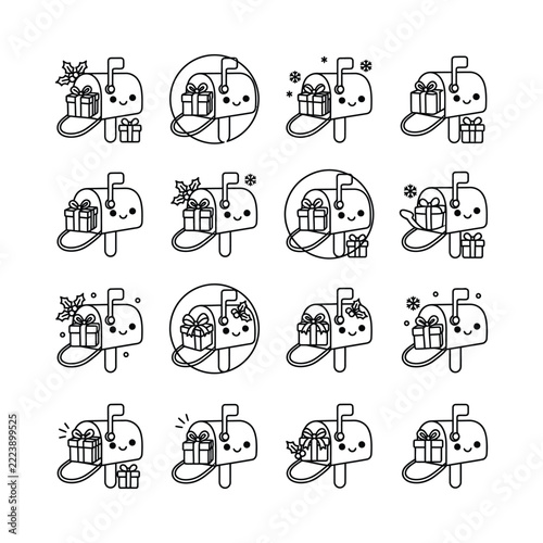 Cute Mailbox Icon Set: Christmas Presents, Snowflakes, Holly - Vector Art