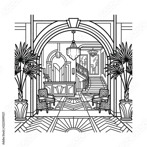 Art Deco Lobby Entrance Hall with Chairs and Plants - Coloring Page Vector
