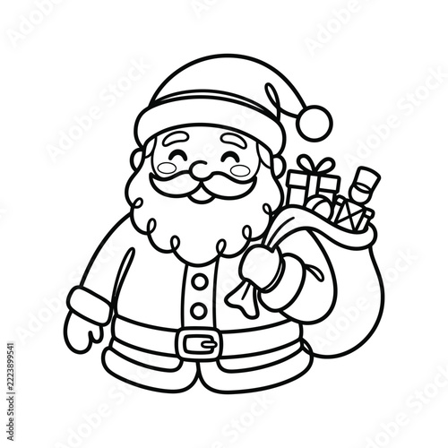 Cute Santa Claus with Gift Bag - Coloring Page Vector Art