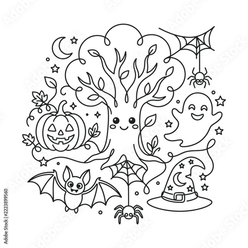 Cute Halloween Coloring Page: Tree, Ghost, Pumpkin, Bat, Spiders, Witch Hat