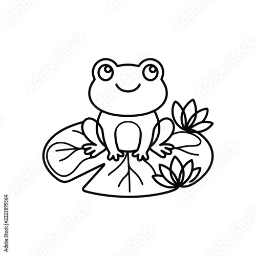 Cute Frog Sitting on Lily Pad - Black and White Line Art for Coloring