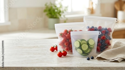 Eco Friendly Reusable Silicone Food Storage Bags Filled with Fresh Berries and Sliced Cucumbers on Kitchen Counter