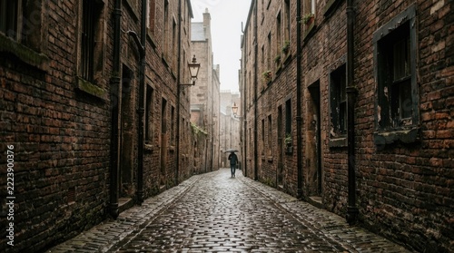 A solitary figure walks down a narrow, rain-slicked cobblestone alleyway. The alley is flanked by tall, weathered brick buildings with dark windows and aged wooden shutters.