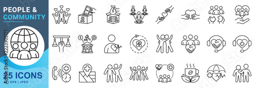 People and community icon set in outline black style for social support, charity, donation, fundraising and equality