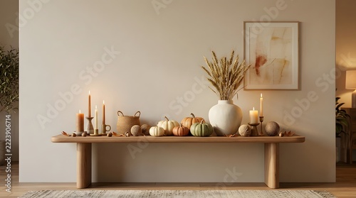 Thanksgiving Console Table Styling with Candles and Ceramic Pumpkins