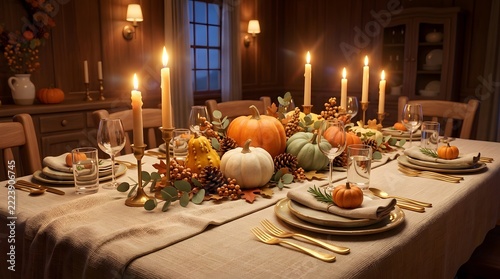 Thanksgiving Dining Table Before Dinner with Autumn Harvest Decor