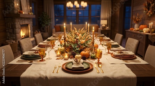 Thanksgiving Dining Table Before Dinner with Cozy Evening Ambiance