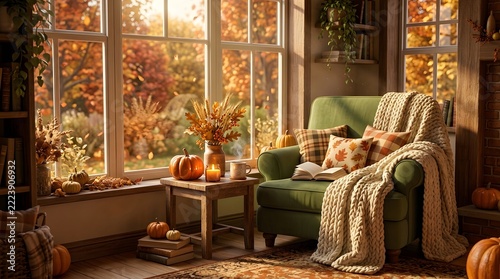 Thanksgiving Window Nook with Warm Natural Light and Autumn Decor