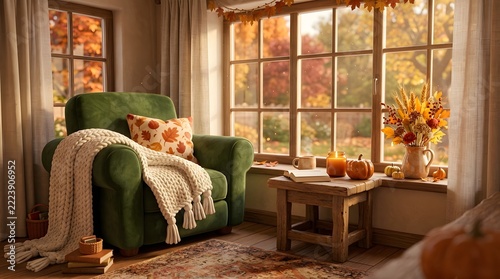 Thanksgiving Window Nook with Warm Harvest Accents and Cozy Seating
