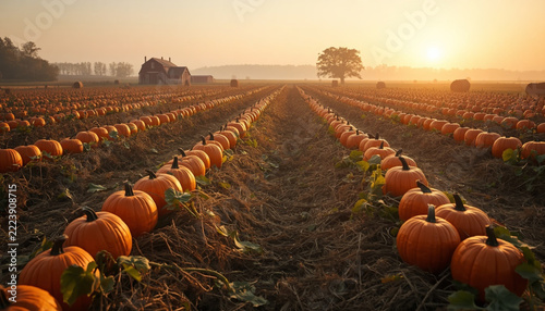 Pumpkin patch at golden hour with rows of orange pumpkins, red barn and hay bales, autumn farm landscape