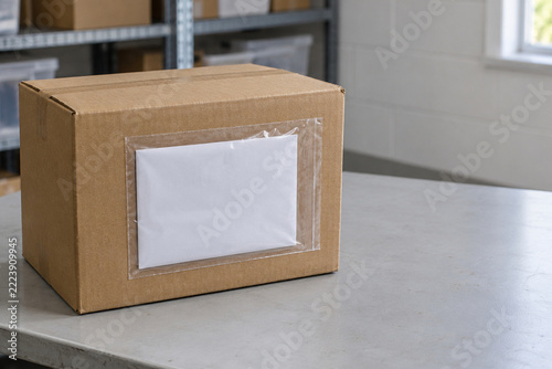 Clear Document Pouch with Blank Paper on a Sealed Cardboard Box