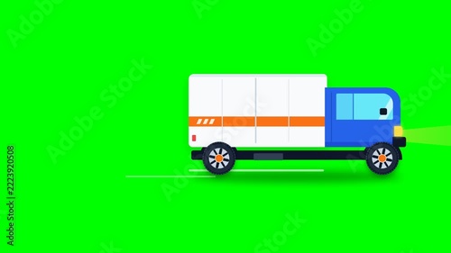 Animated truck driving seamlessly across green screen, conveying logistics, delivery, and transportation, symbolizing speed and efficiency in motion graphics.
