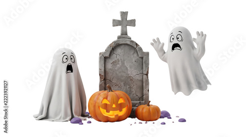 Halloween Graveyard Scene with Ghost Characters Pumpkin and RIP Tombstone   JPG