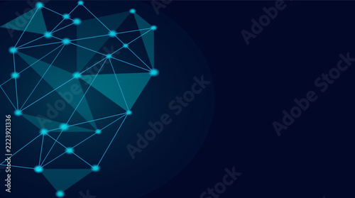 Abstract low poly network with glowing cyan nodes and connecting lines on dark blue background, technology concept with copy space