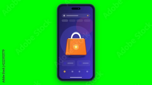 Animated online shopping app interface on smartphone screen, dynamic animation with shopping bag icon, pulsating elements, on green screen background, representing e-commerce
