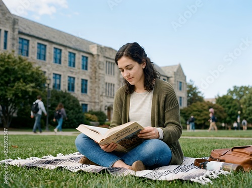 Young woman reading a book on a grassy lawn outside a university building.