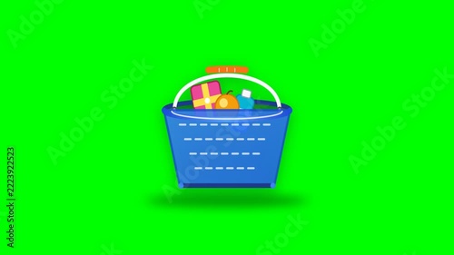 Animated shopping basket with gift box, pumpkin, and bottle appearing and disappearing on green screen background, symbolizing e-commerce, holiday shopping, and sales promotions