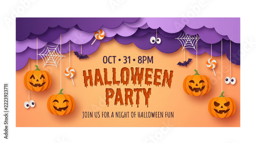 Spooky Halloween Party Banner Design with Carved Pumpkins and Purple Clouds   JPG