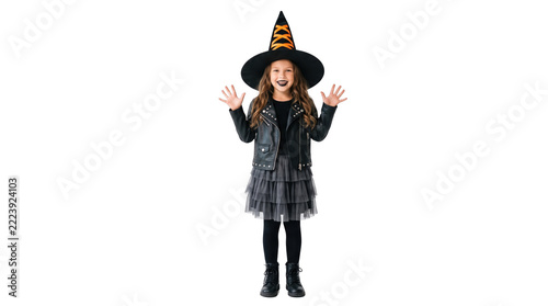 Little Girl in Witch Costume Standing and Waving Hands for Halloween   JPG