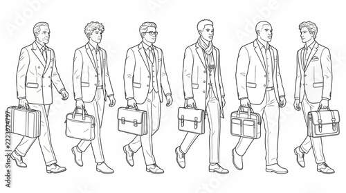 Six Businessmen Walking with Briefcases Line Art Vector Set