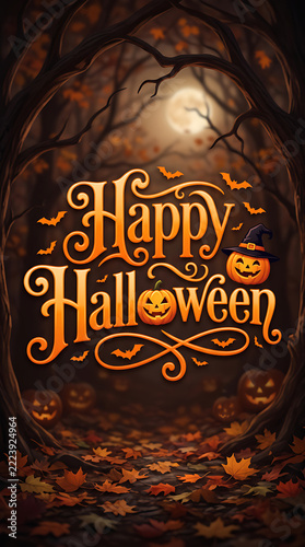 Happy Halloween Greeting with Jack-o-Lanterns in a Spooky Forest at Night