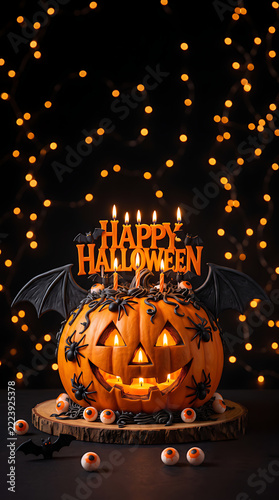 Happy Halloween cake with glowing jack-o-lantern pumpkin and creepy bat decorations on a wooden rustic display