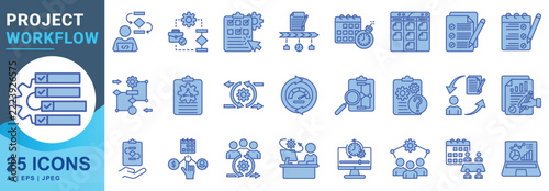 Project workflow icon set in filled outline color style for task management, planning, deadline, team, collaboration, office, workplace, employee, job, goal setting and business